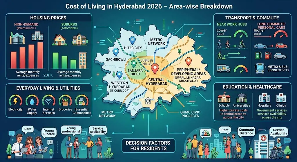 Cost of Living in Hyderabad 2026 Area-Wise Rent (₹15K–₹80K), Expenses & Best Places to Live