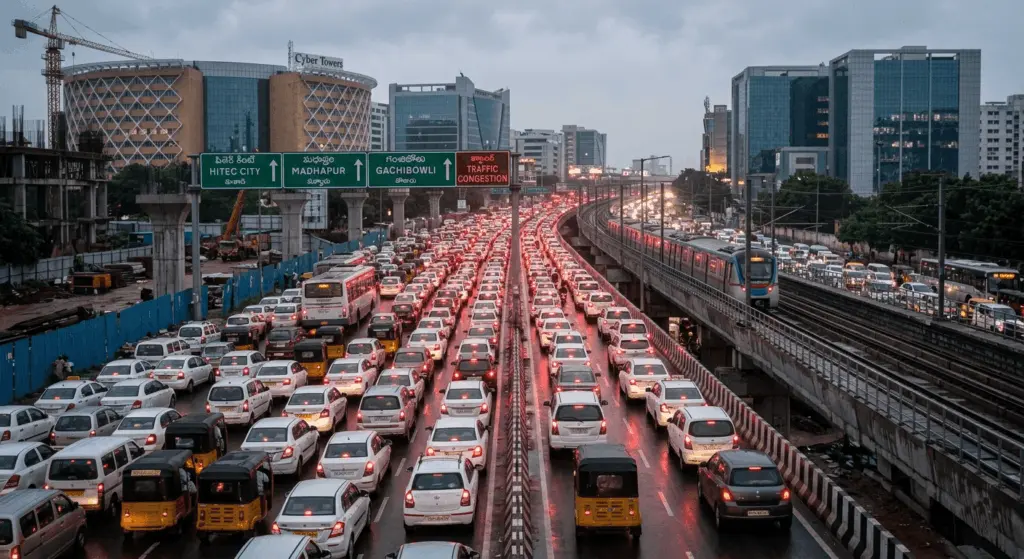 Hyderabad Traffic Jam Alert IT Corridor Sees 1-Hour Delays in Madhapur & Gachibowli